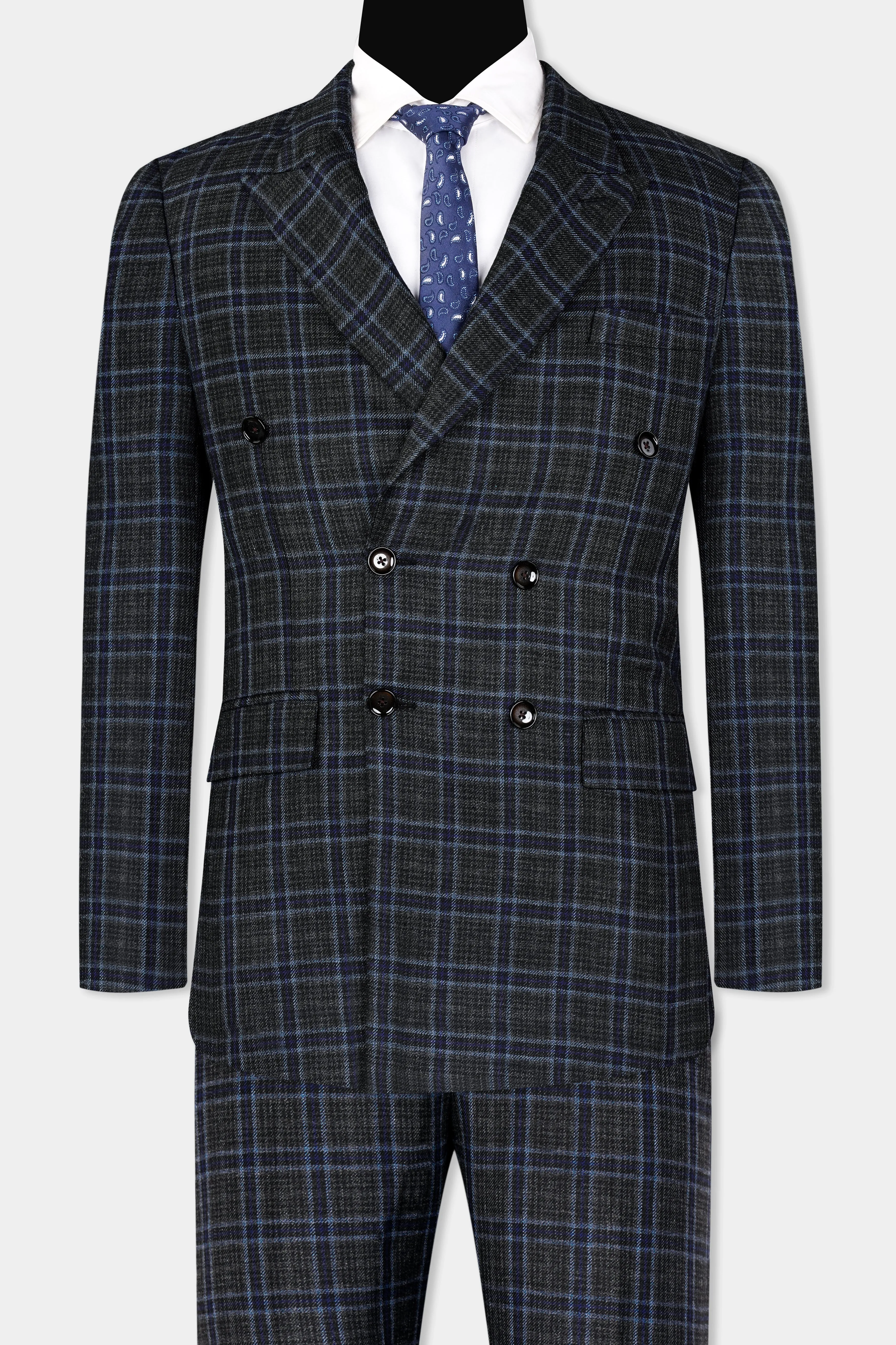 Bleached Black and Marine Blue Plaid Double Breasted Tweed Suit