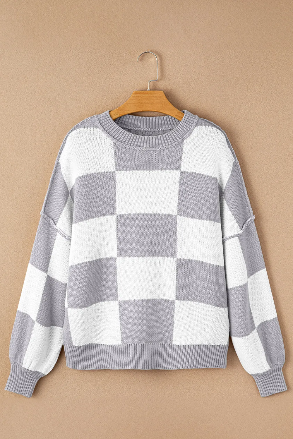 Gray Checkered Bishop Sleeve Sweater