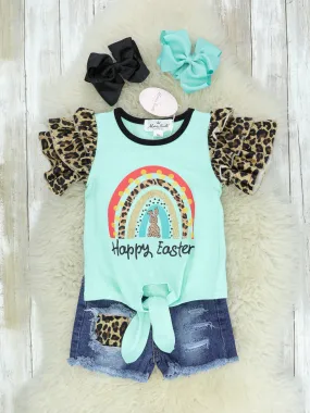 Happy Easter Rainbow Ruffle Leopard Denim Outfit