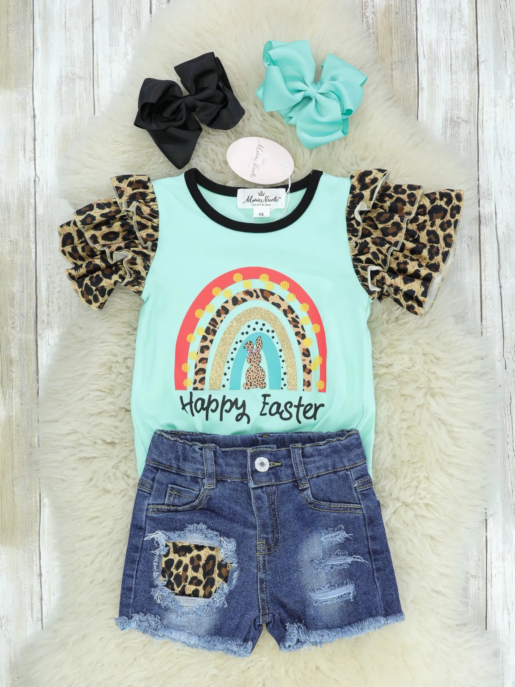 Happy Easter Rainbow Ruffle Leopard Denim Outfit