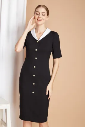 PEARL BUTTONS - Pencil dress with white contrast collar