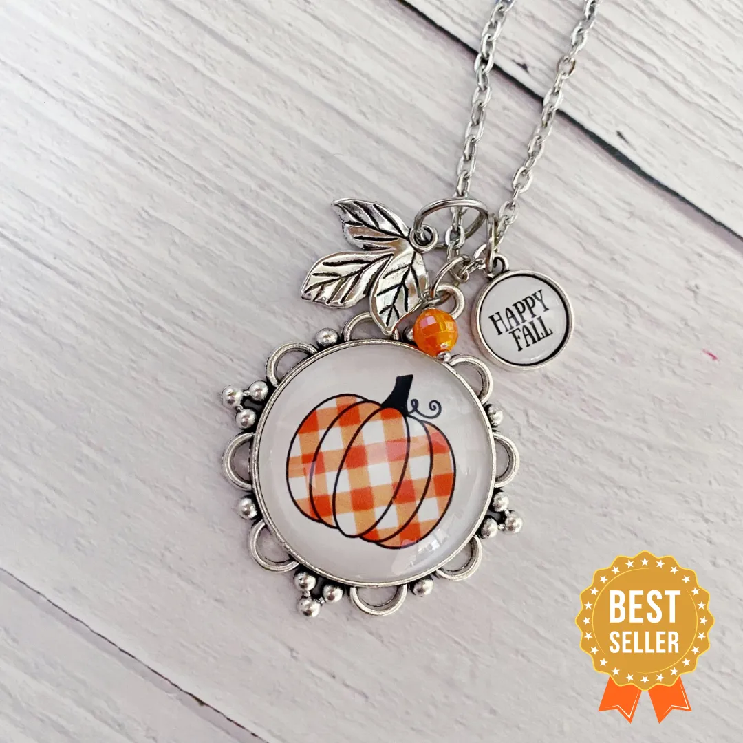 Plaid Pumpkin Necklace Happy Fall Charm